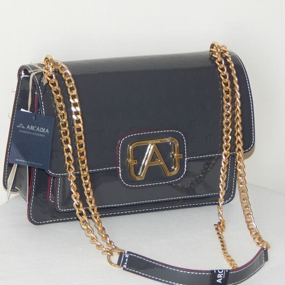 ARCADIA Genuine Patent Leather Flap Chain Crossbody Bag in Dark Grey Italy NWT - Picture 2 of 15